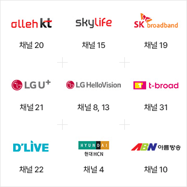 올레KT 채널20, SkyLife 채널15, SKbroadband 채널19, LGU+ 채널21, LG헬로비전 채널8,13, t-broad 채널31, D'LIVE 채널22, 현대HCN 채널4, ABN 채널10
